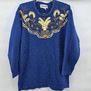 Victoria Harbour Large Blue Beaded Sequin Embellished Knit‎ Sweater Holiday